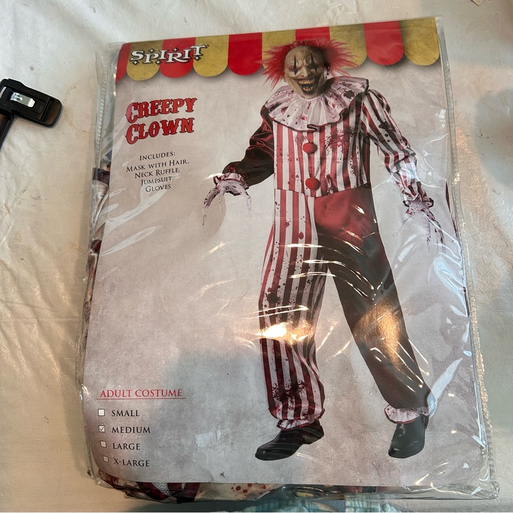 Spirit Creepy Clown Costume Sz M Halloween Bloody Carnival Union Suit Mask